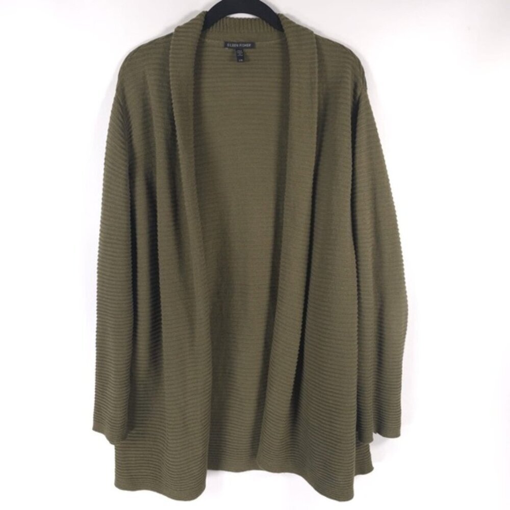 EILEEN FISHER ORGANIC LINEN & COTTON Open Cardigan Rib‎ Knit Long Sleeve LARGE